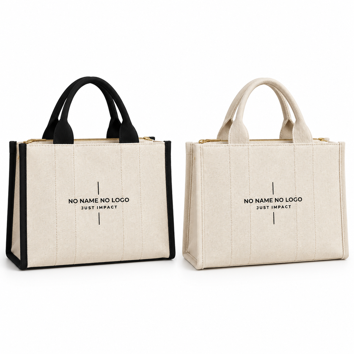 Two  tote bags on a white background, one with black trim and handles and one with beige handles and trim, both featuring placeholder text 'NO NAME NO LOGO JUST IMPACT'.