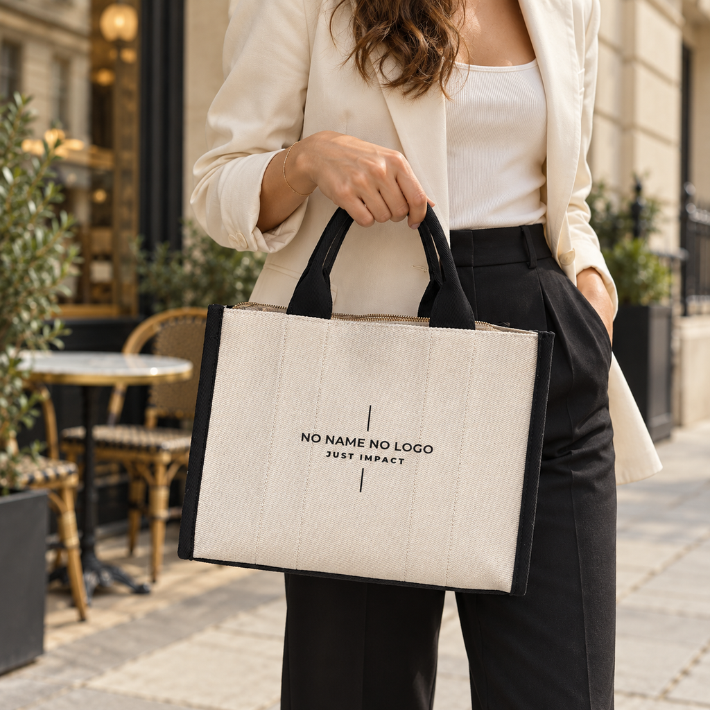 A woman in a cream blazer and black pants holds a large off-white canvas tote bag with black trim and black handles. The bag has placeholder text reading 'NO NAME NO LOGO JUST IMPACT'.