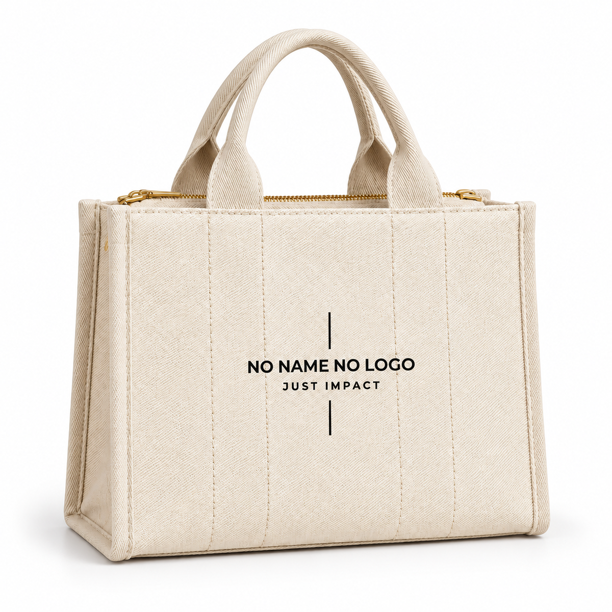 A cream-colored canvas tote bag with gold-tone zipper hardware and black placeholder text reading 'NO NAME NO LOGO JUST IMPACT' on the front, set against a plain white background.